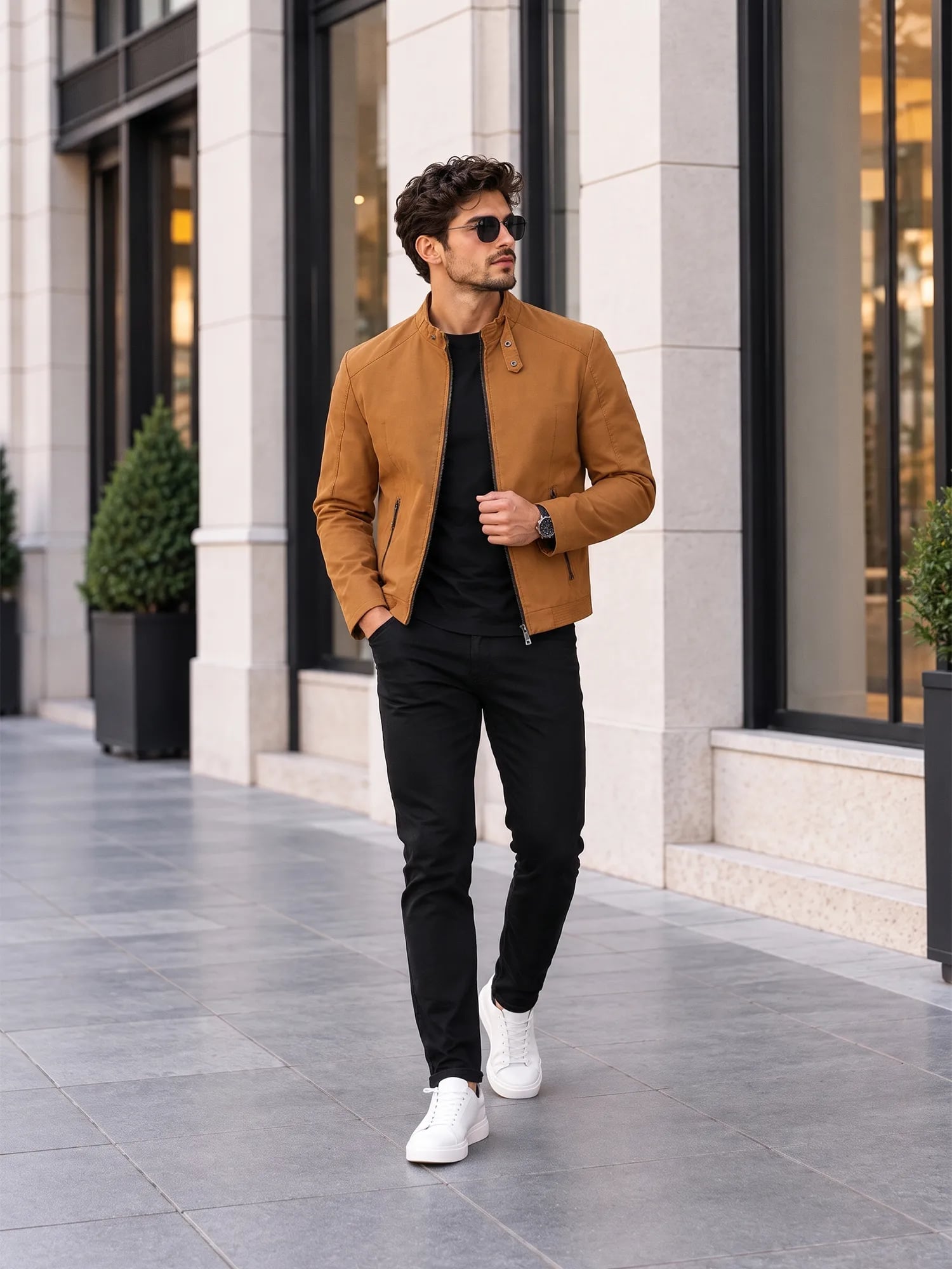 کاپشن یقه دکمه دار  چرم عسلی   FLSZ 2308